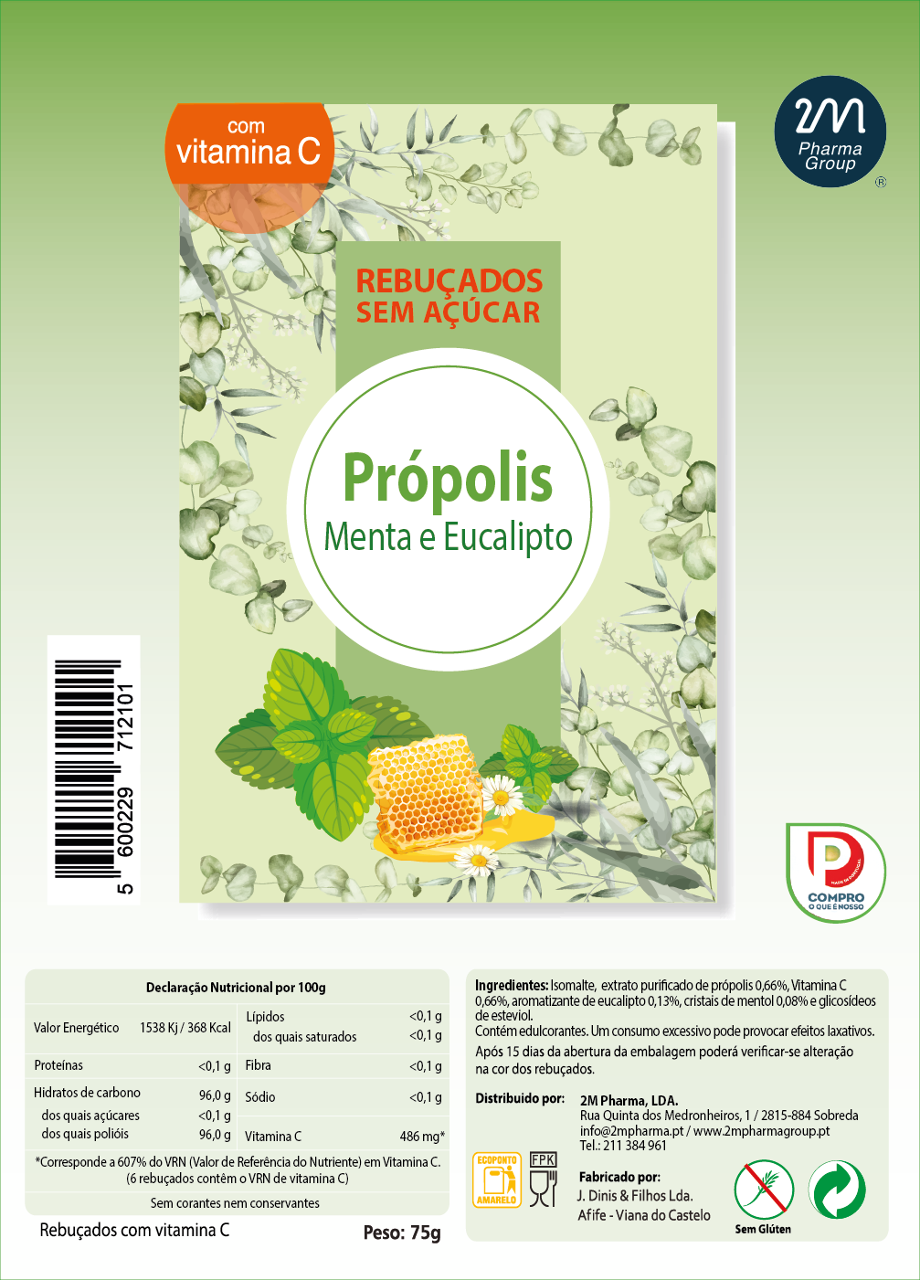 Rebuçados sem açúcar de Própolis com Vitamina C e sabor a Menta e Eucalipto
