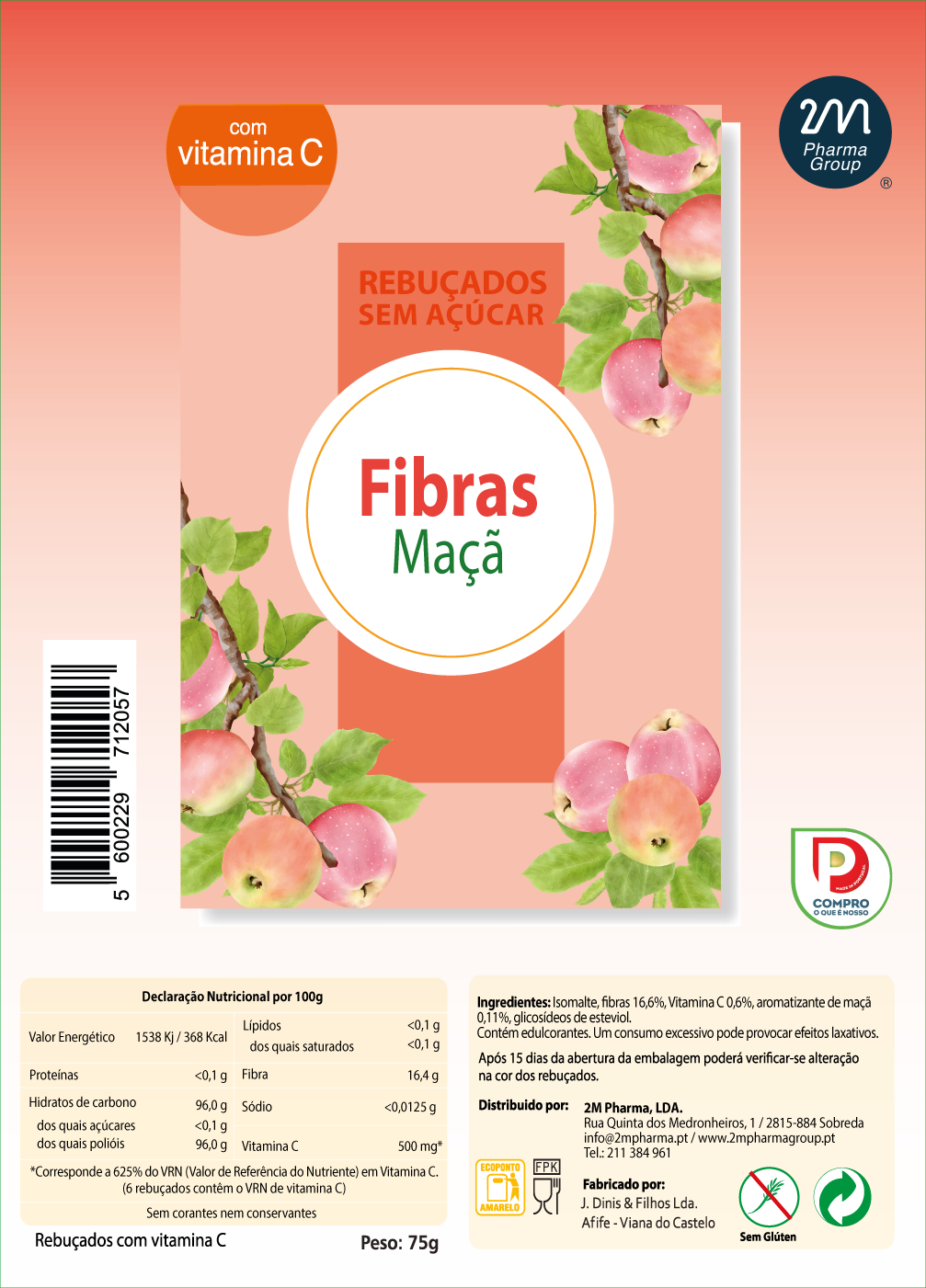 Rebuçados sem açúcar de Fibras com Vitamina C e sabor a maçã